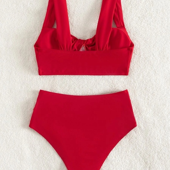 Red Twisted High Waisted Bikini Beach Swim - Picture 3 of 4